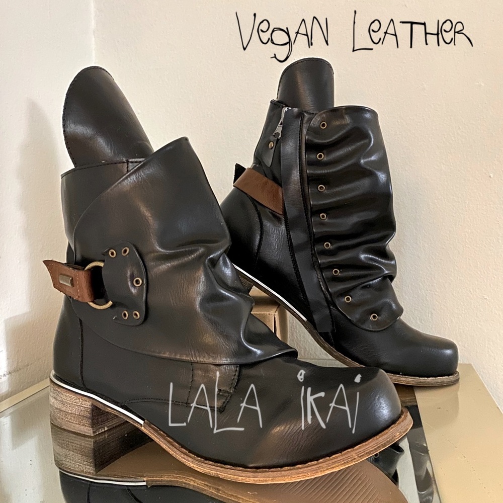 Black Vegan Leather Moto Boots with Rivets & Straps by Lala Ikai 👢
